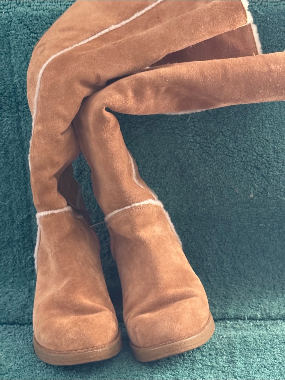 UGG- Camel Suede Over-the-Knee Boots with Shearling Trim.